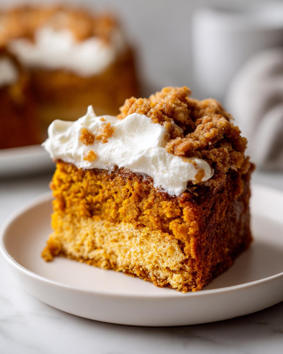 Close-up of a square slice of amazing pumpkin crunch cake topped with whipped cream and streusel.