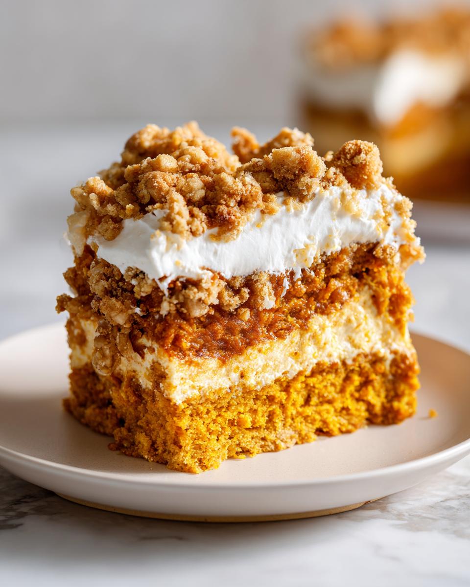 Close-up of a layered slice of pumpkin crunch dessert with cake, cream cheese, whipped topping, and streusel.