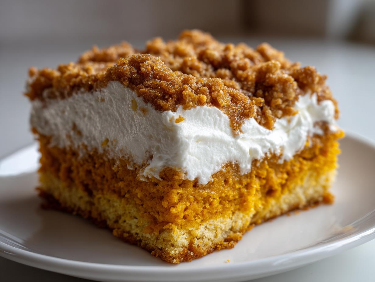 A close-up of a layered slice of pumpkin crunch dessert featuring a cake base, creamy filling, and crunchy topping.