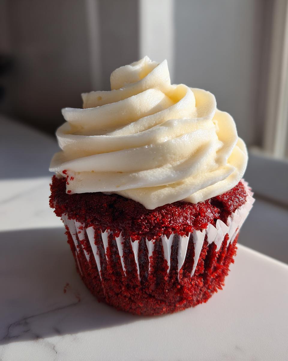 Close-up of a vibrant red velvet cupcake topped with a generous swirl of white cream cheese frosting.