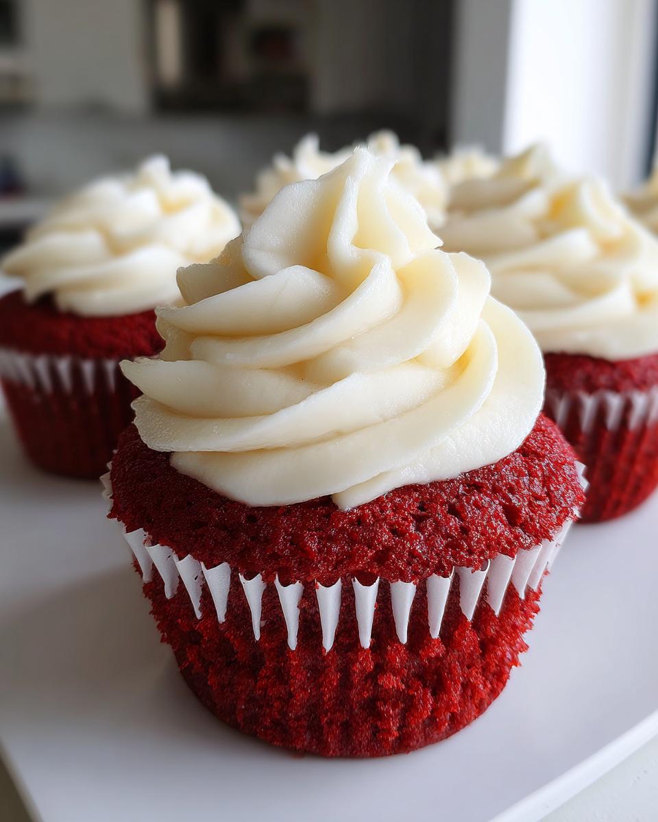 Close-up of a vibrant red velvet cupcakes topped with a generous swirl of white cream cheese frosting.