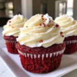 Close-up of three vibrant red velvet cupcakes topped with thick swirls of cream cheese frosting and red sprinkles.