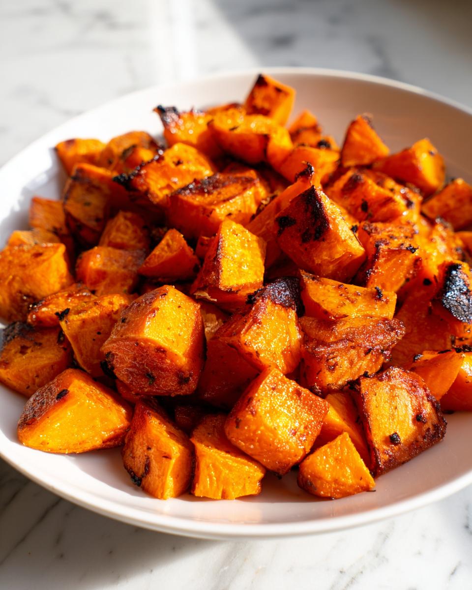 Close-up of perfectly roasted sweet potato cubes with caramelized edges served in a white bowl.