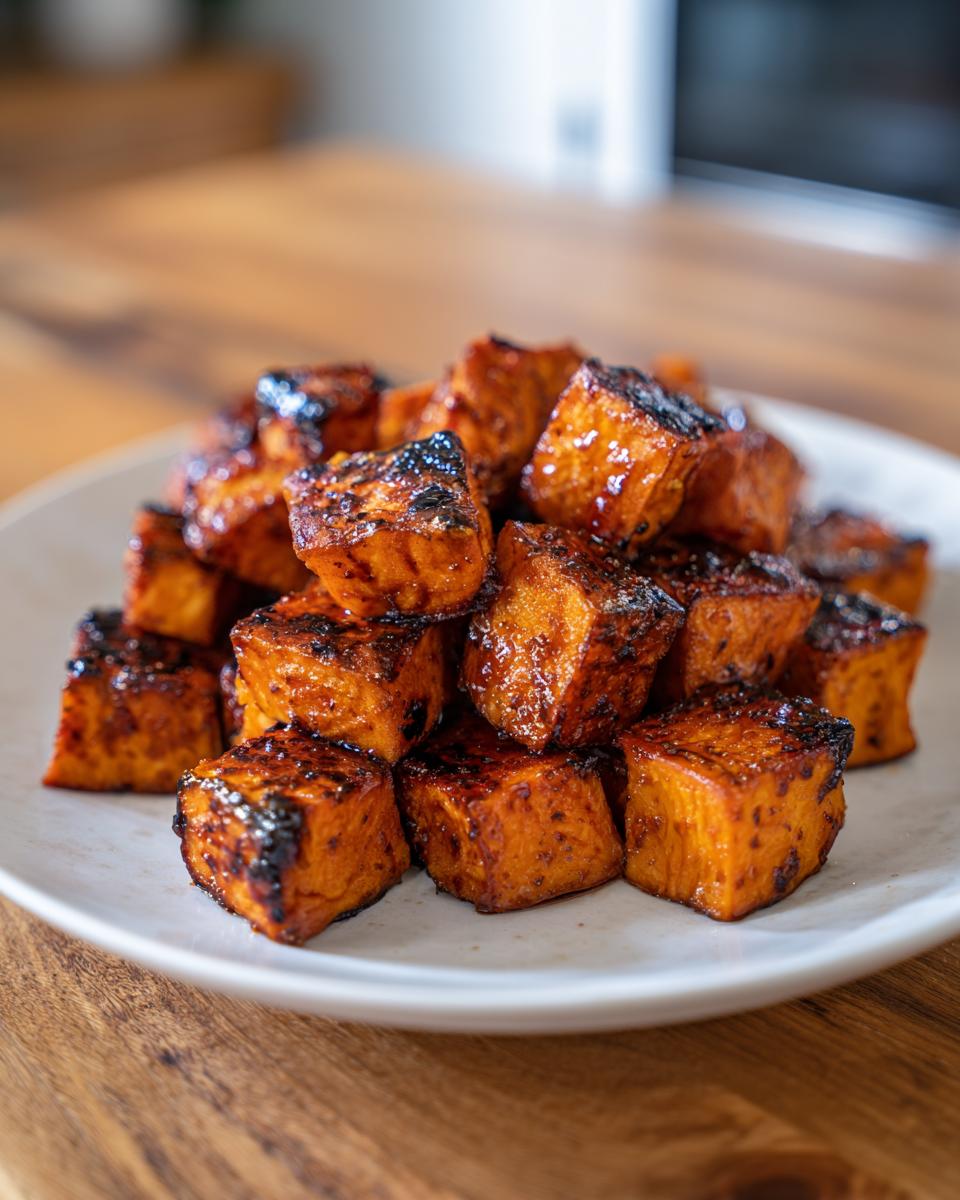 A close-up of caramelized, glazed roasted sweet potatoes cubes piled on a white plate.