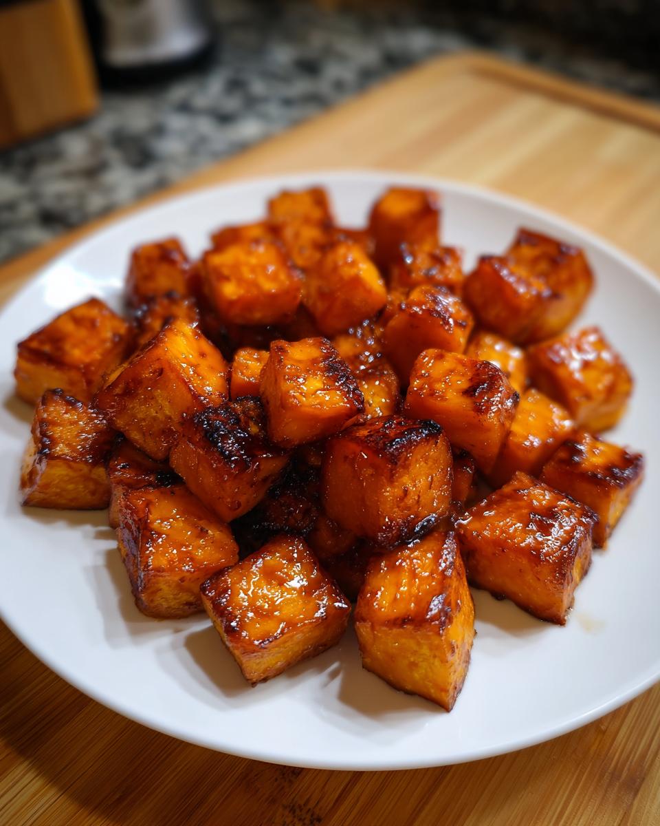A close-up of perfectly caramelized and glazed roasted sweet potatoes cubes piled on a white plate.