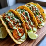 Three delicious shrimp taco shells filled with seasoned shrimp, topped with diced onion, cilantro, and a drizzle of green sauce.