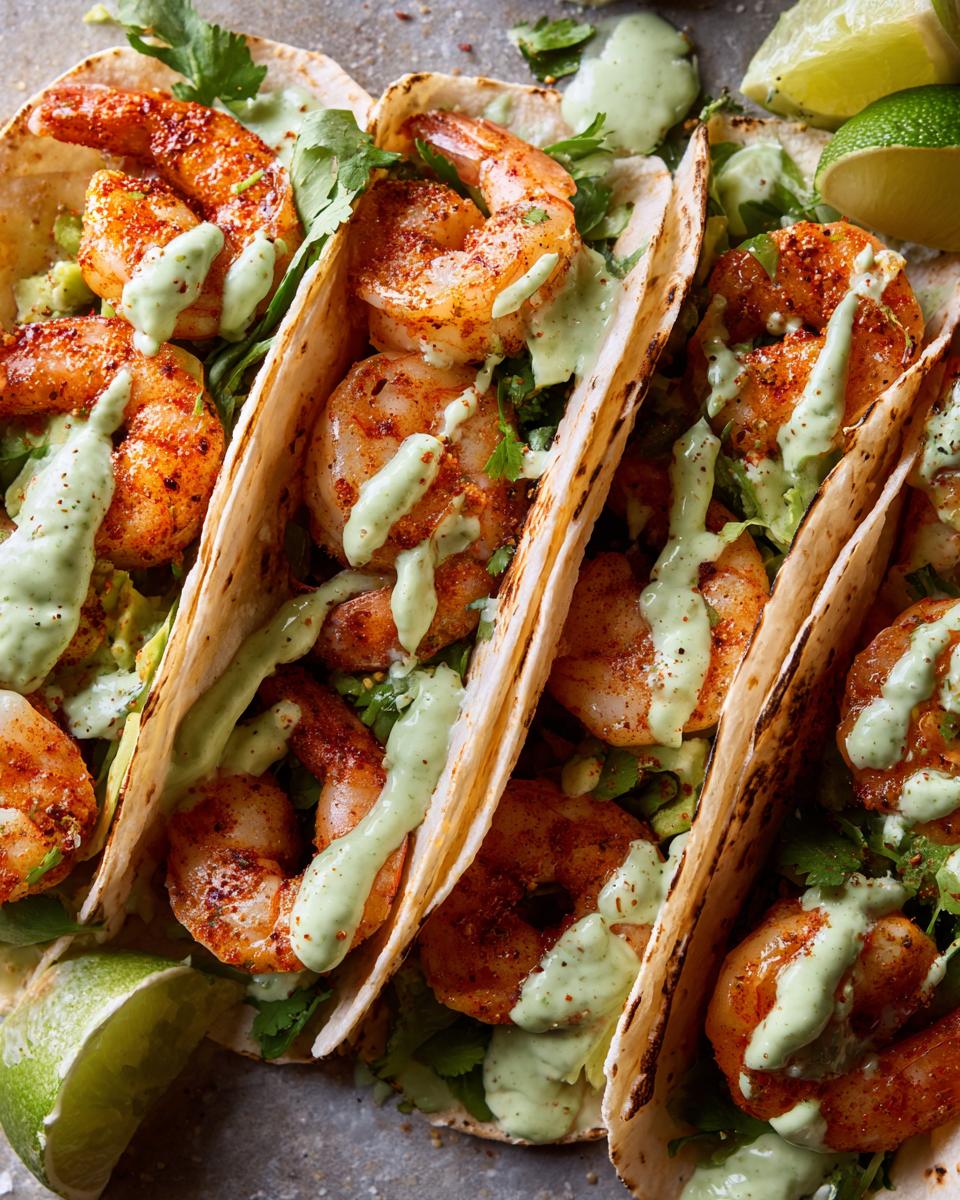 Close-up of three soft shell shrimp taco filled with seasoned shrimp, cilantro, and drizzled with a light green creamy sauce.