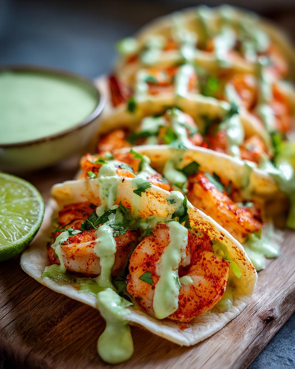 Close-up of a delicious shrimp taco filled with seasoned shrimp and drizzled with creamy green sauce.