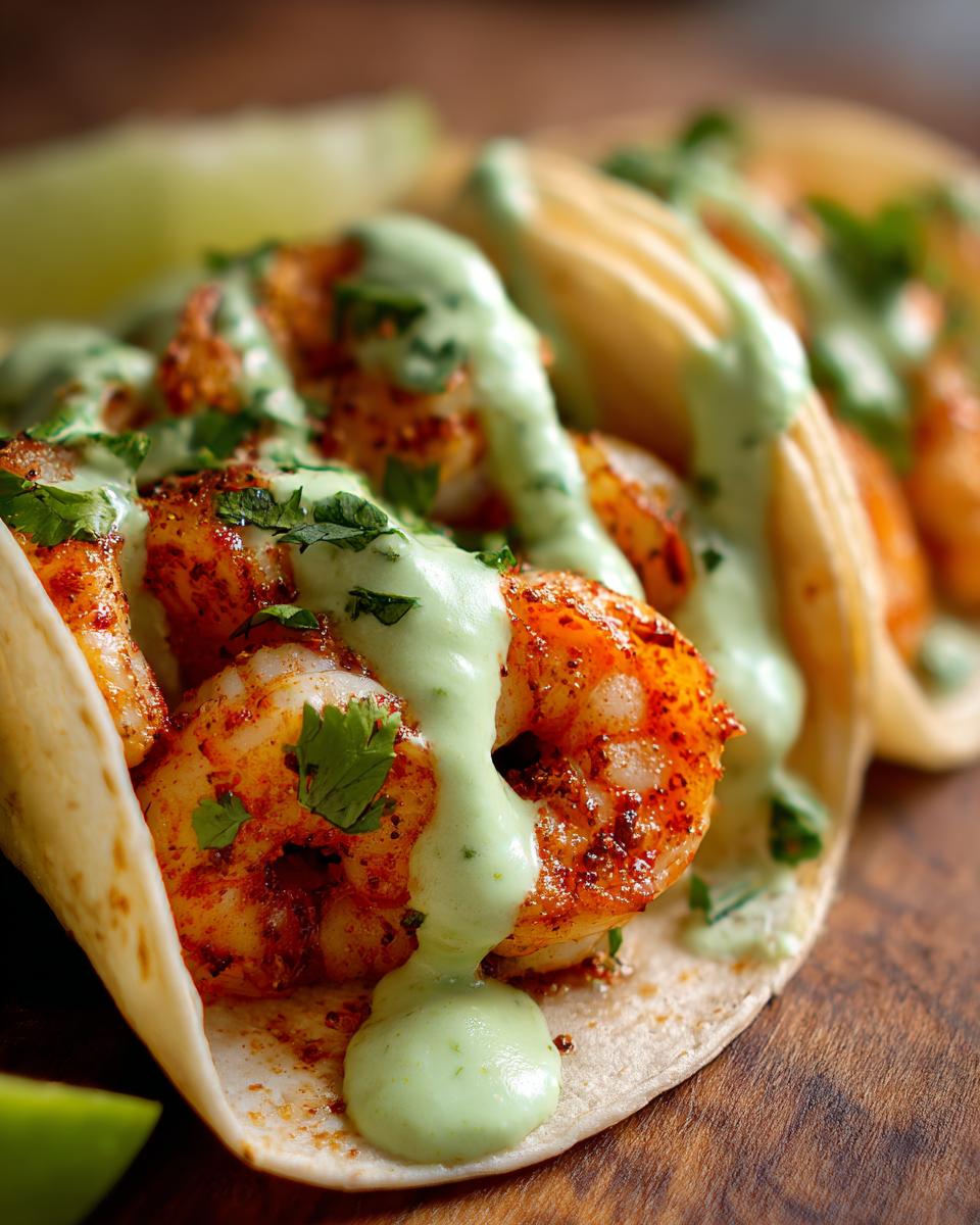 Close-up of a perfectly seasoned shrimp taco topped with a creamy, bright green sauce and cilantro.