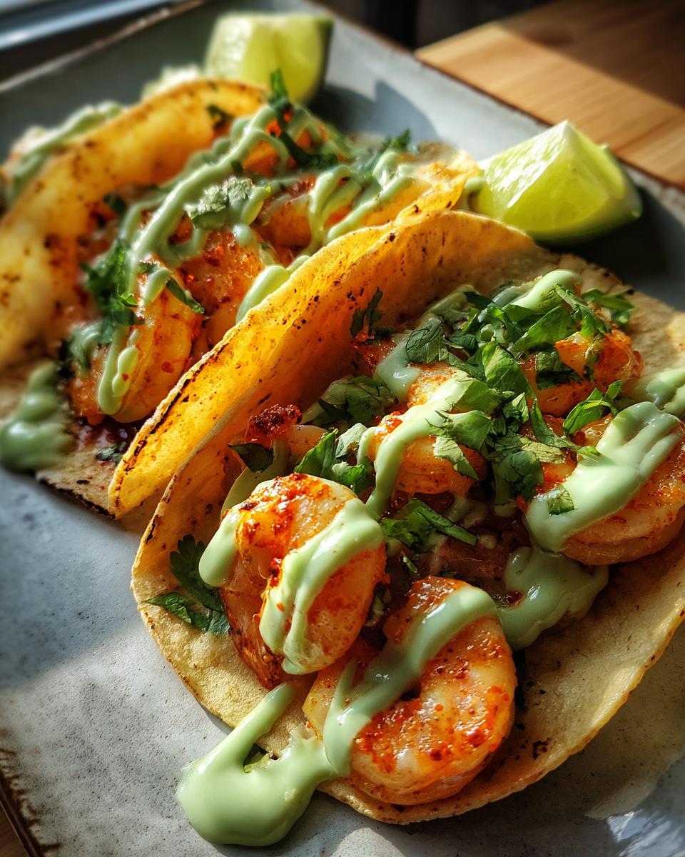 Close-up of two amazing shrimp taco shells filled with seasoned shrimp, topped with fresh cilantro and a creamy green sauce.