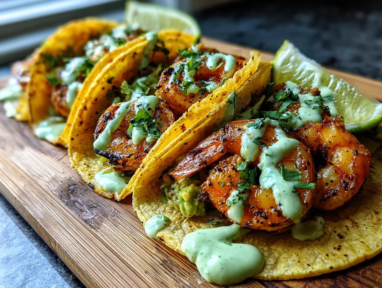 Close-up of three amazing shrimp taco shells filled with seasoned shrimp, guacamole, and drizzled with a light green sauce.