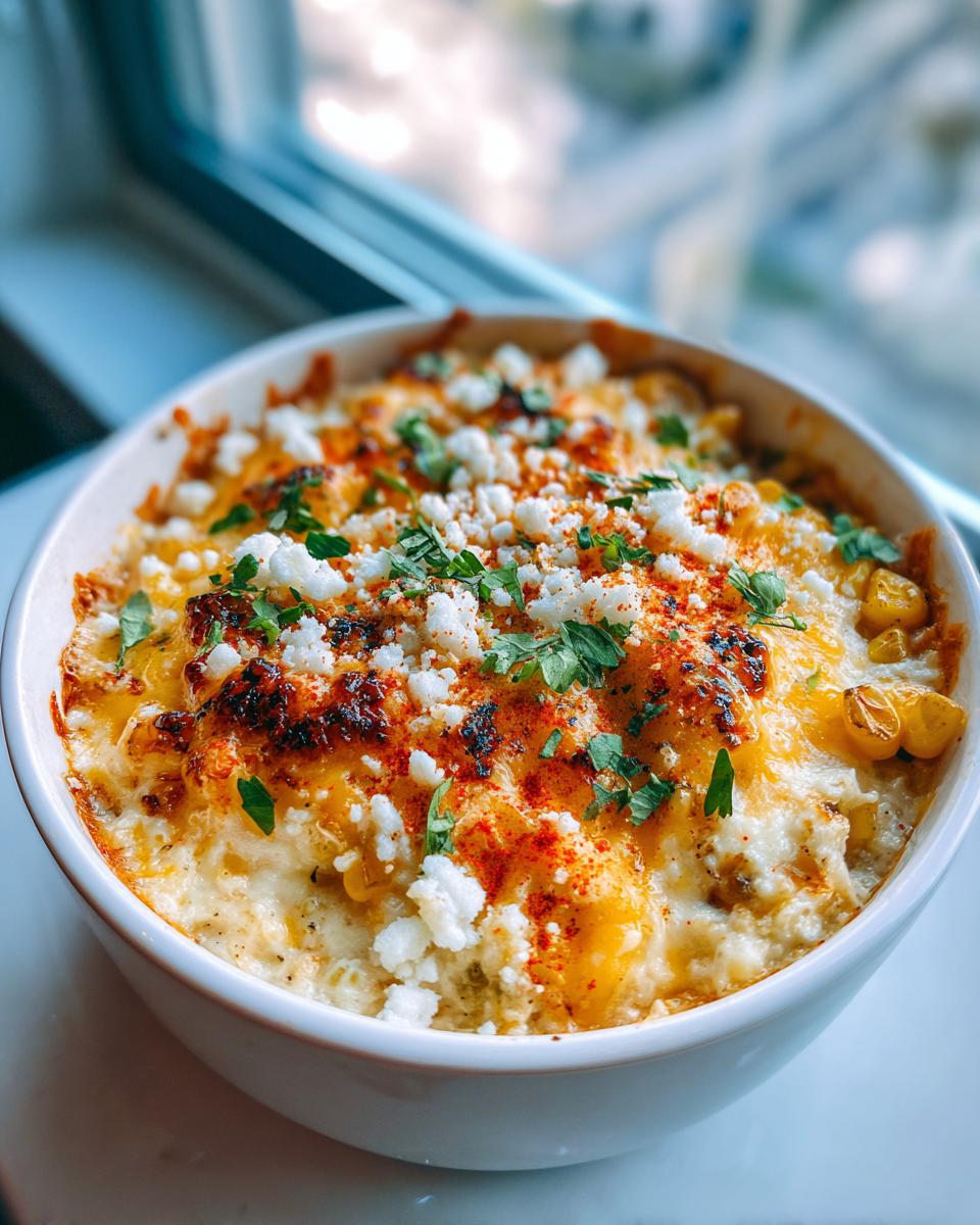 Close-up of hot, cheesy street corn dip topped with crumbled cotija cheese and paprika.