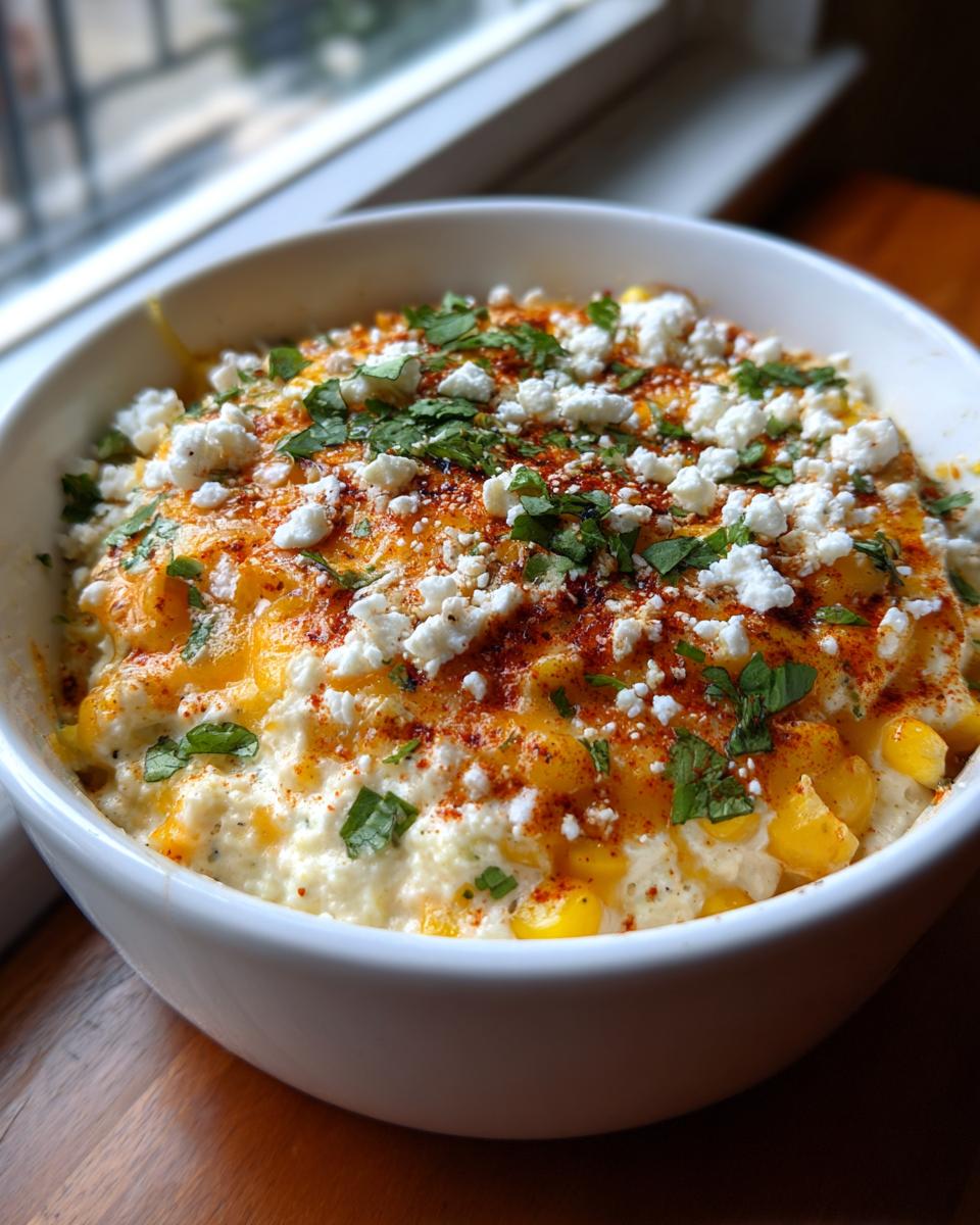 A close-up of creamy street corn dip topped with cotija cheese, chili powder, and cilantro in a white bowl.