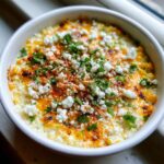 A close-up of creamy, cheesy street corn dip topped with crumbled white cheese, chili powder, and fresh cilantro.