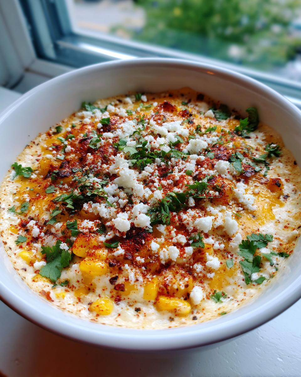 A close-up of hot, creamy street corn dip topped with crumbled white cheese, chili powder, and cilantro.