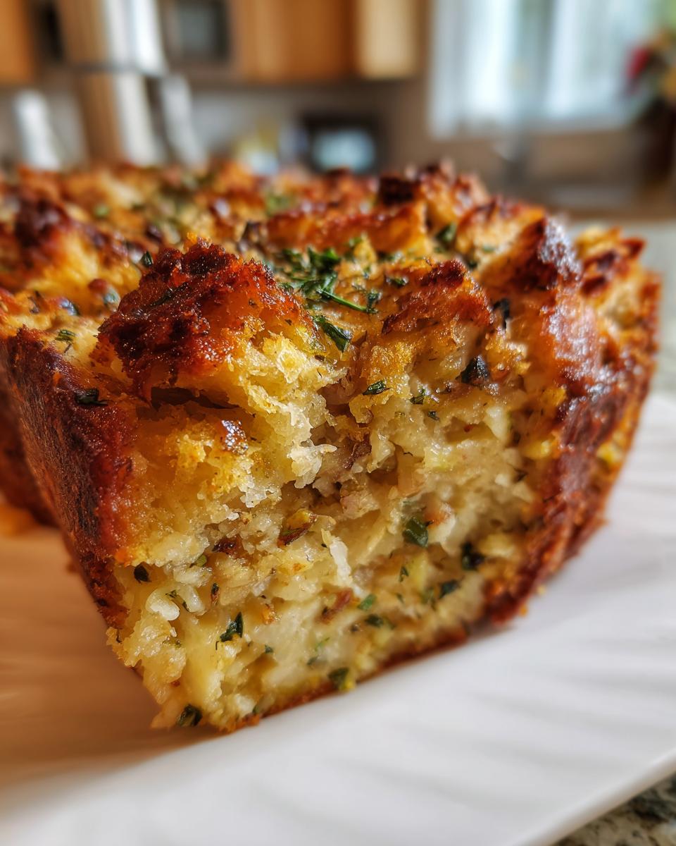 A close-up view of a freshly baked loaf of savory bread stuffing, showing a golden, crispy top and moist interior.