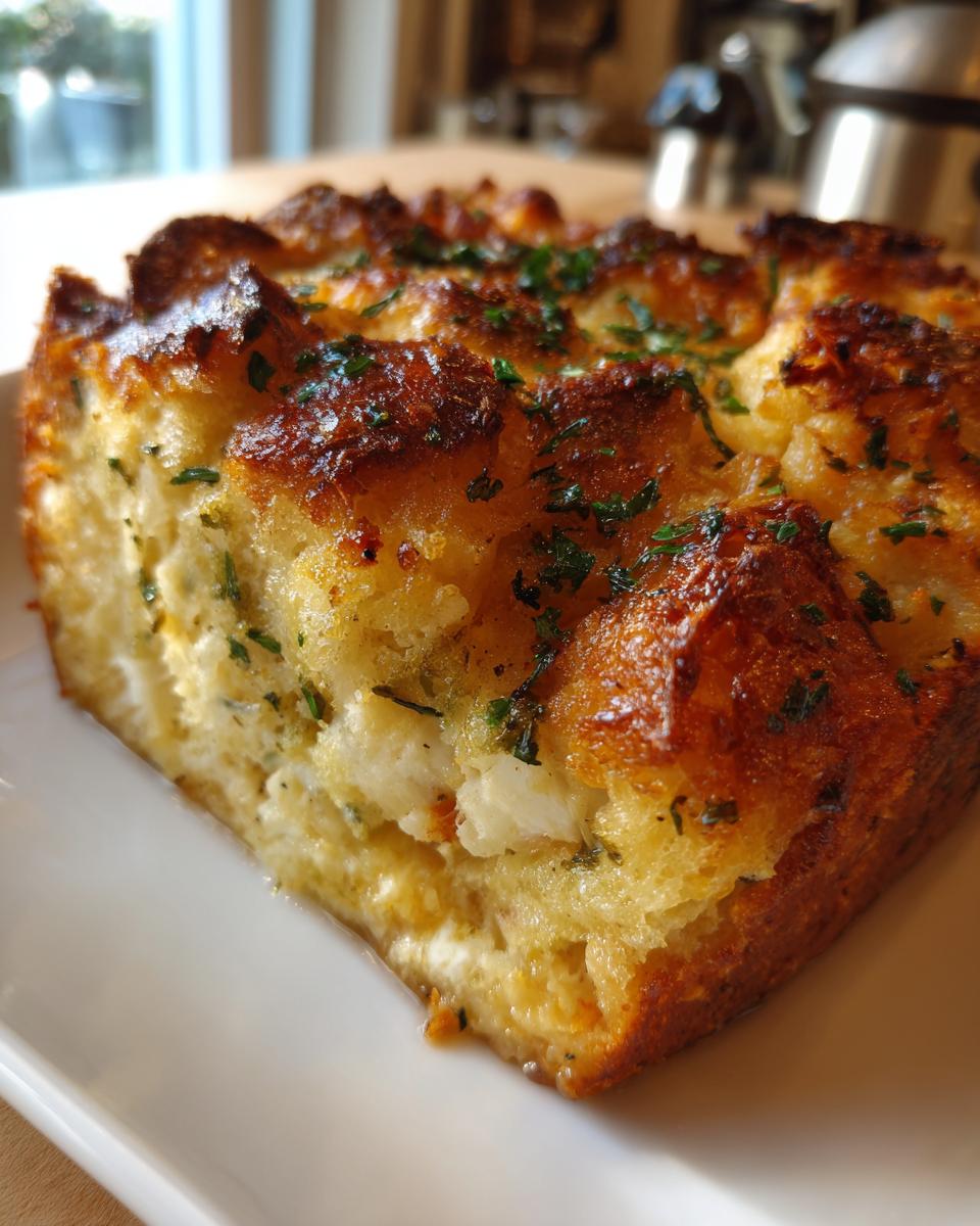 Close-up of a golden-brown, square slice of baked stuffing, topped with fresh parsley.