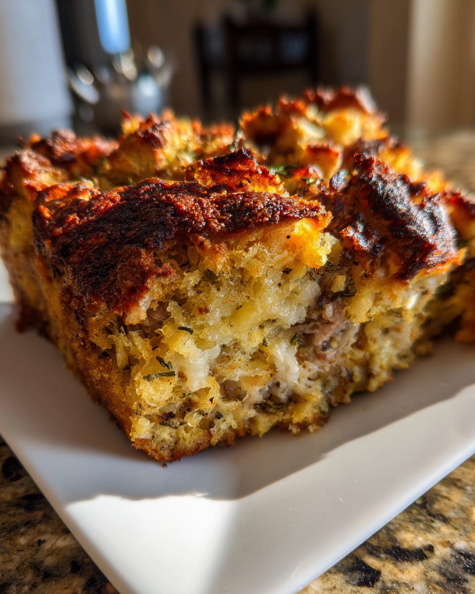 Close-up of a golden-brown, savory slice of homemade stuffing with herbs and visible sausage pieces.