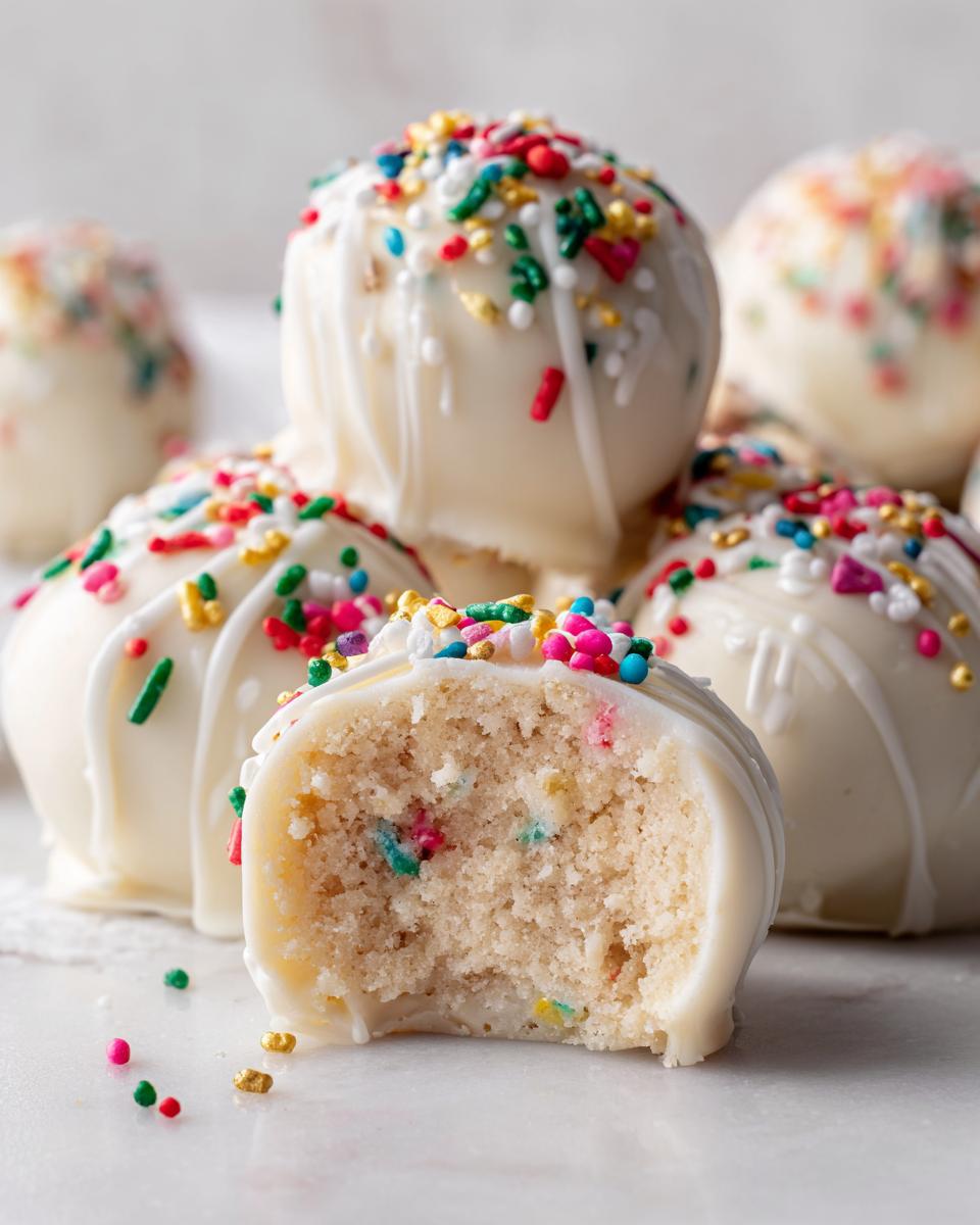 A close-up of several white chocolate coated sugar cookie truffles, one bitten open showing the cakey interior with sprinkles.