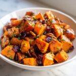 Close-up of a white bowl filled with roasted sweet potato salad featuring pecans and dried cranberries.