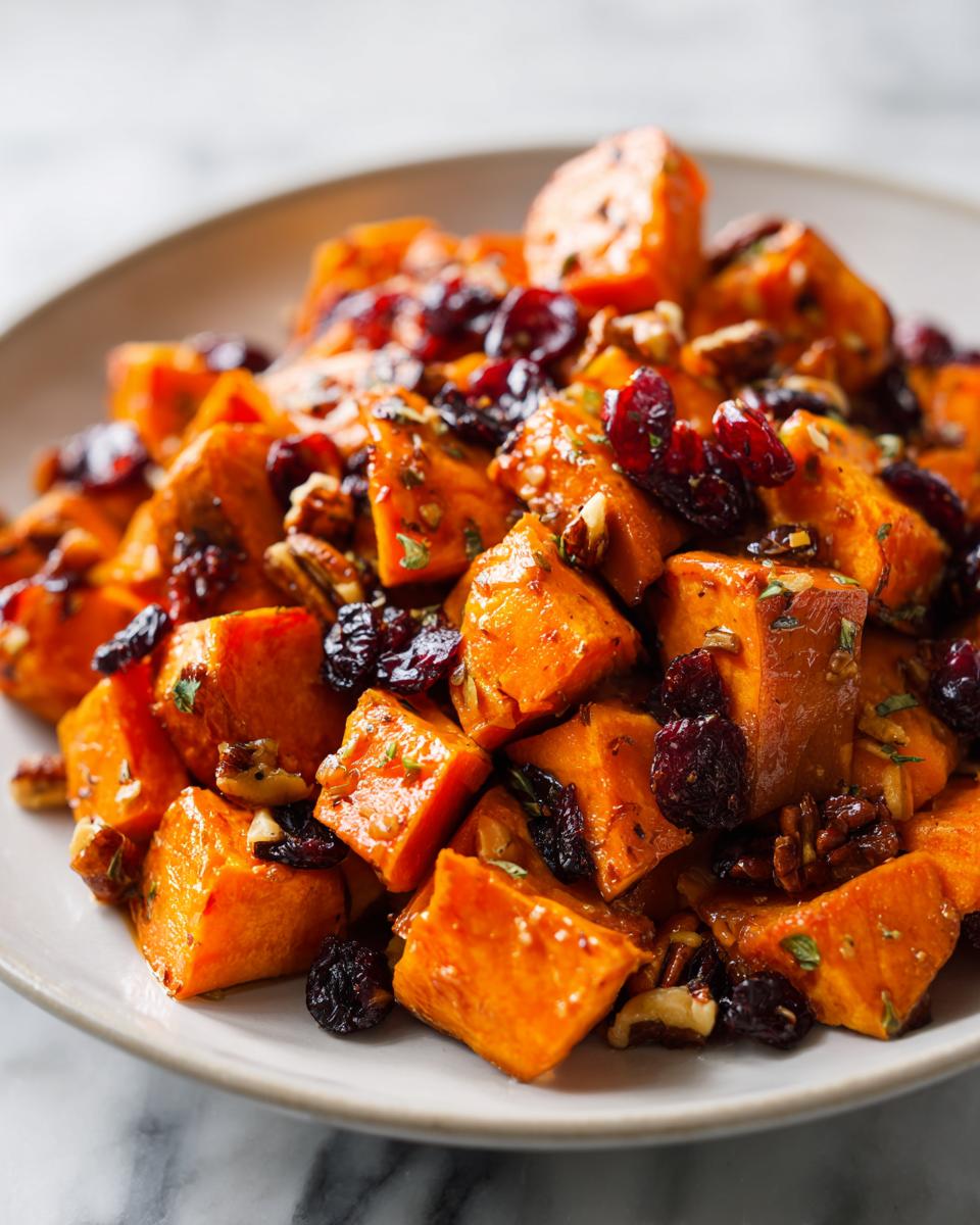 Close-up of vibrant orange, cubed sweet potato salad mixed with dried cranberries and pecans.