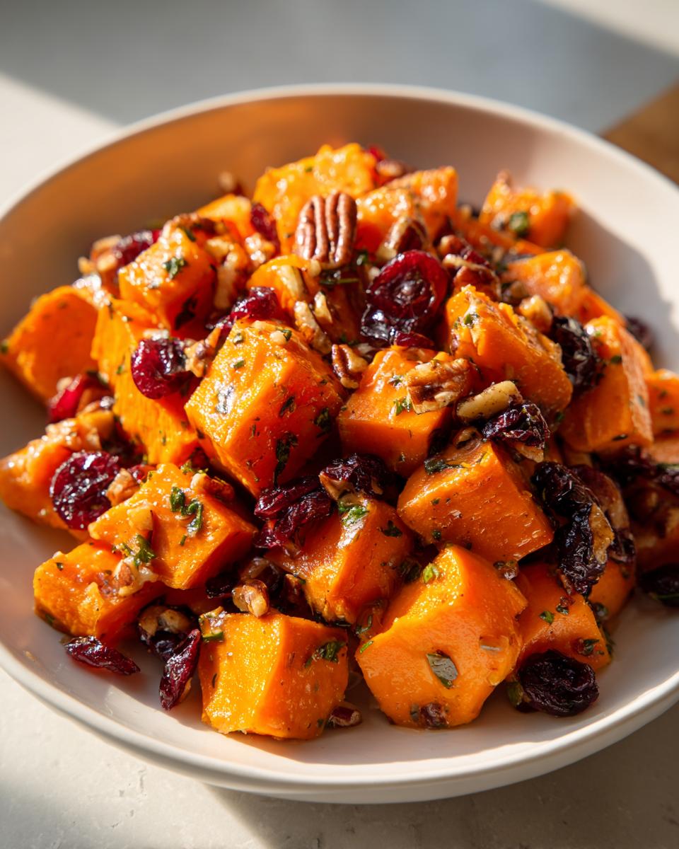 Close-up of vibrant orange cubes in a sweet potato salad mixed with dried cranberries and pecans.