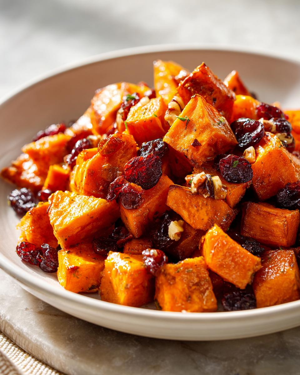 Close-up of roasted sweet potato salad cubes mixed with dried cranberries and walnuts in a white bowl.