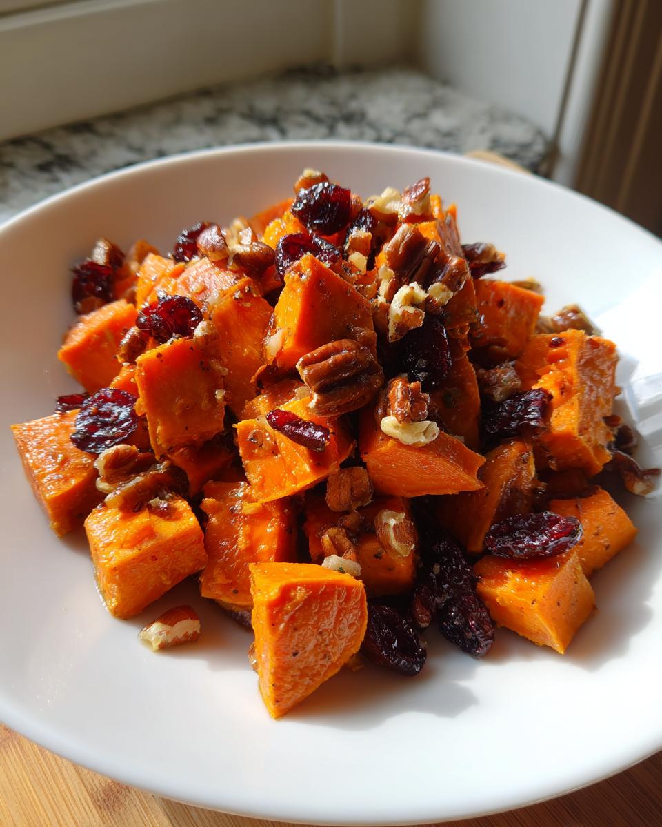 Close-up of vibrant orange cubes in a sweet potato salad, topped with pecans and dried cranberries.