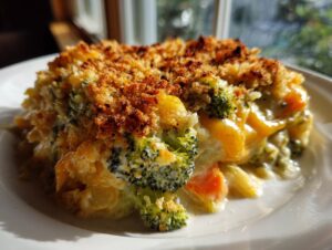 Close-up of a creamy vegetable casserole featuring broccoli and carrots, topped with a crunchy, golden breadcrumb crust.