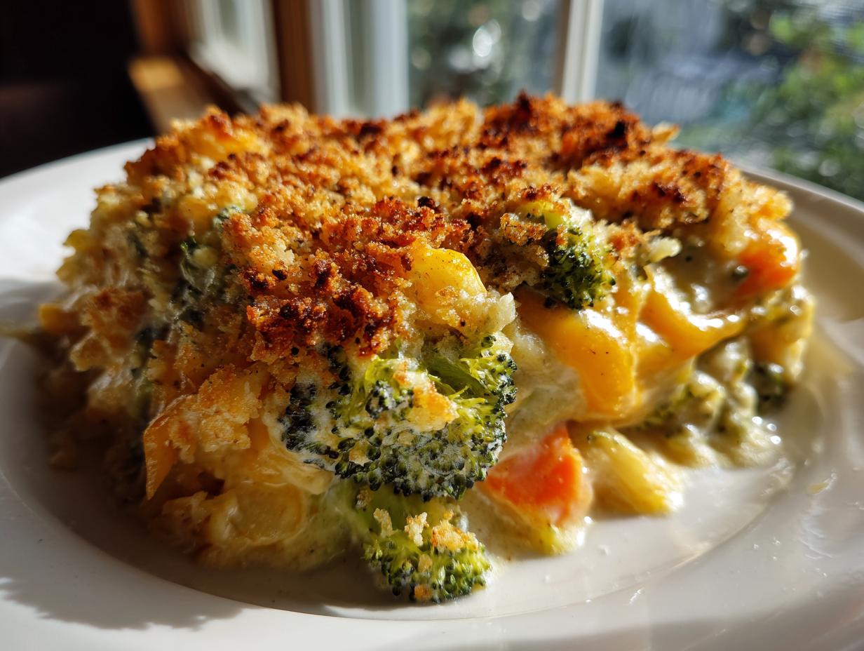 Close-up of a creamy vegetable casserole featuring broccoli and carrots, topped with a crunchy, golden breadcrumb crust.