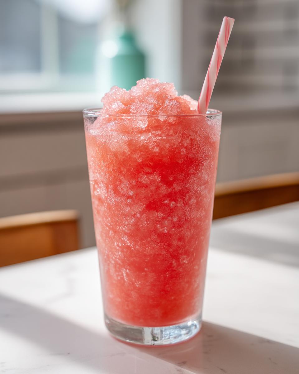 A tall glass filled with a vibrant, icy watermelon smoothie topped with crushed ice and a striped straw.