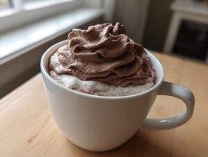A close-up of amazing whipped hot chocolate topped with a large swirl of chocolate whipped cream in a white mug.
