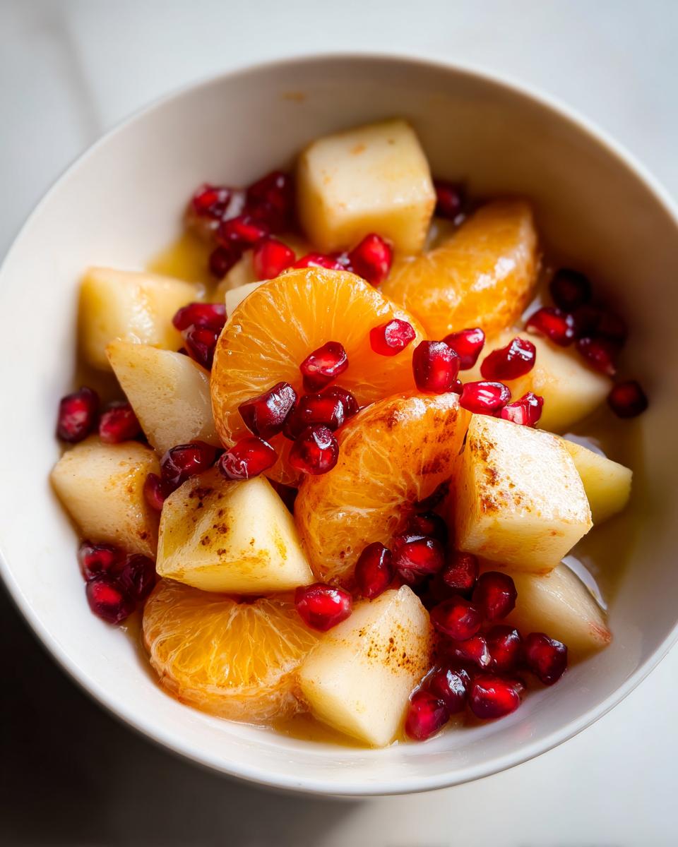 Close-up of a bright winter fruit salad featuring orange slices, cubed pears, and bright red pomegranate seeds.