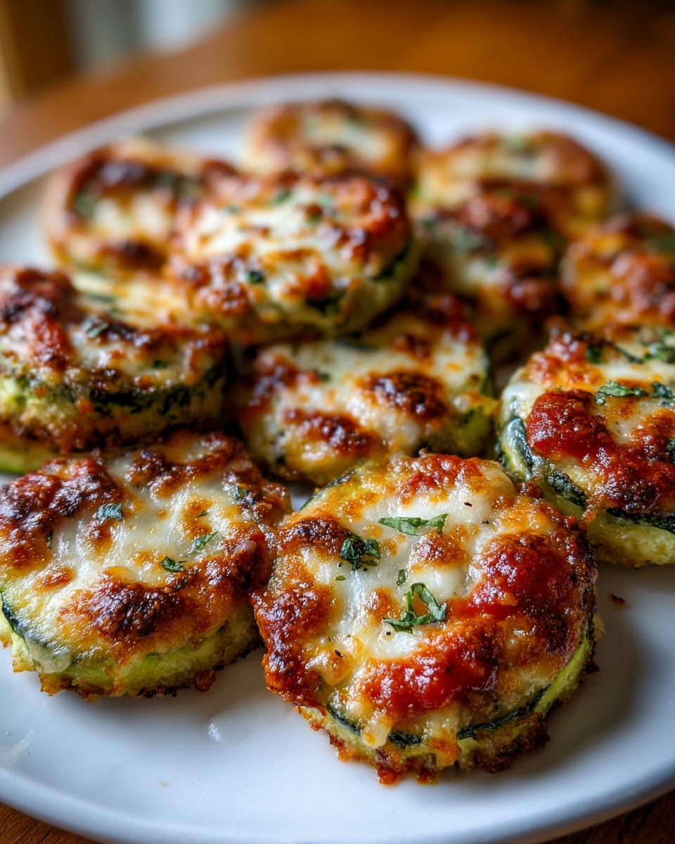 A plate of freshly baked zucchini pizza bites topped with melted, browned mozzarella cheese and marinara sauce.