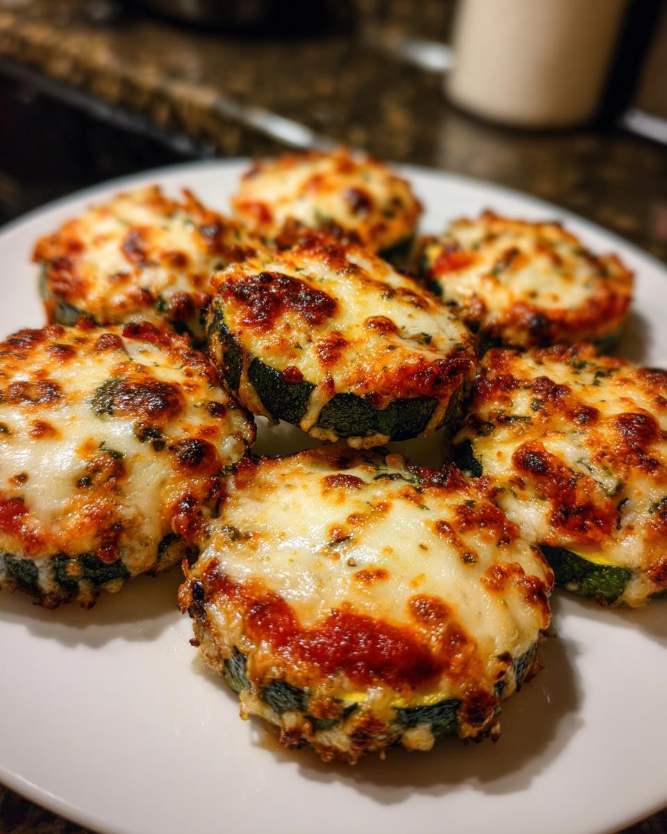 Close-up of several baked zucchini pizza bites topped with melted, slightly browned mozzarella cheese.