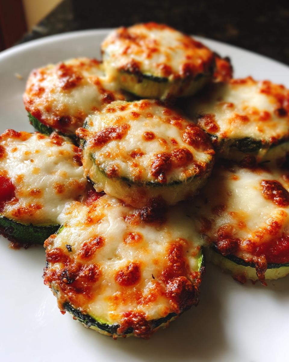 A close-up shot of several baked zucchini pizza bites topped with melted, slightly browned mozzarella cheese.