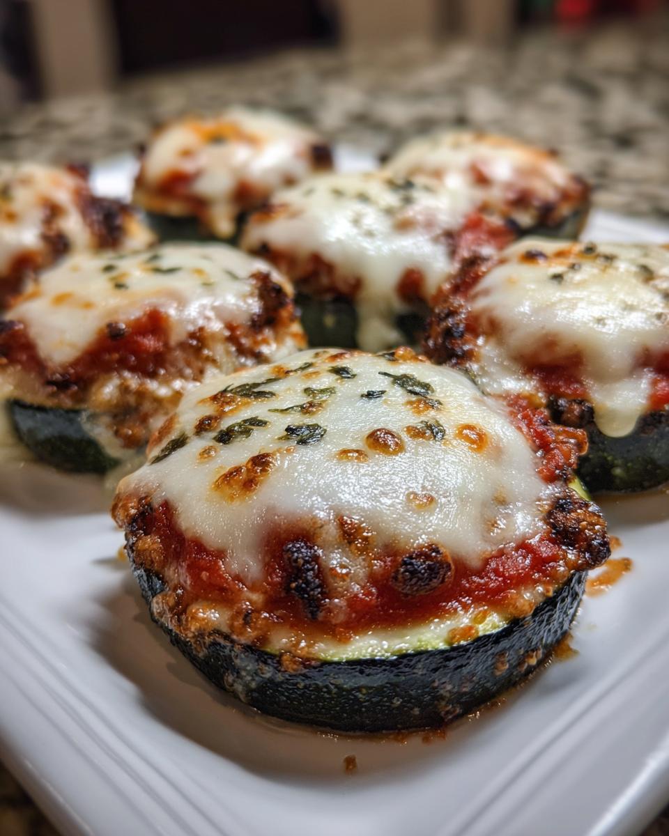 Close-up of freshly baked zucchini pizza bites topped with melted mozzarella cheese and herbs.