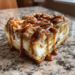 Close-up of a rich slice of apple cheesecake bars topped with streusel and dripping with caramel sauce.