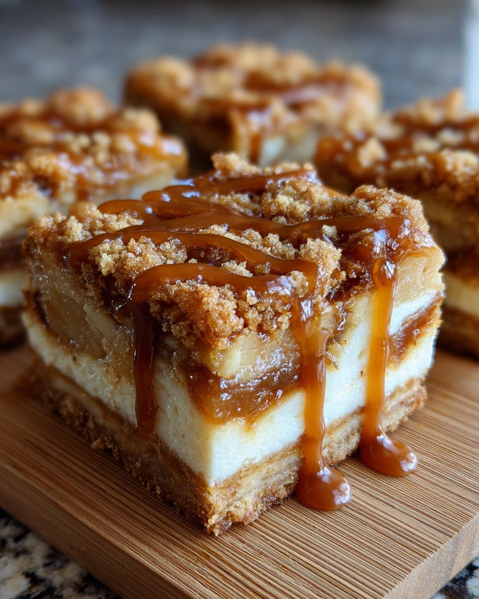 A close-up of a decadent square of apple cheesecake bars topped with crumble and dripping with caramel sauce.