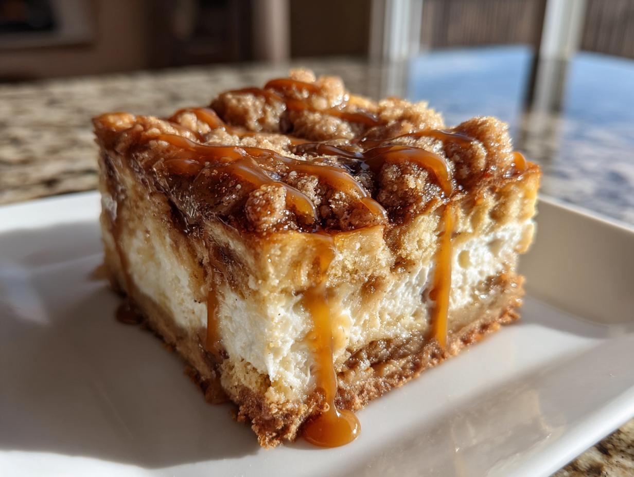 Close-up of a thick slice of apple cheesecake bars with a crumb topping and rich caramel sauce drizzled over it.