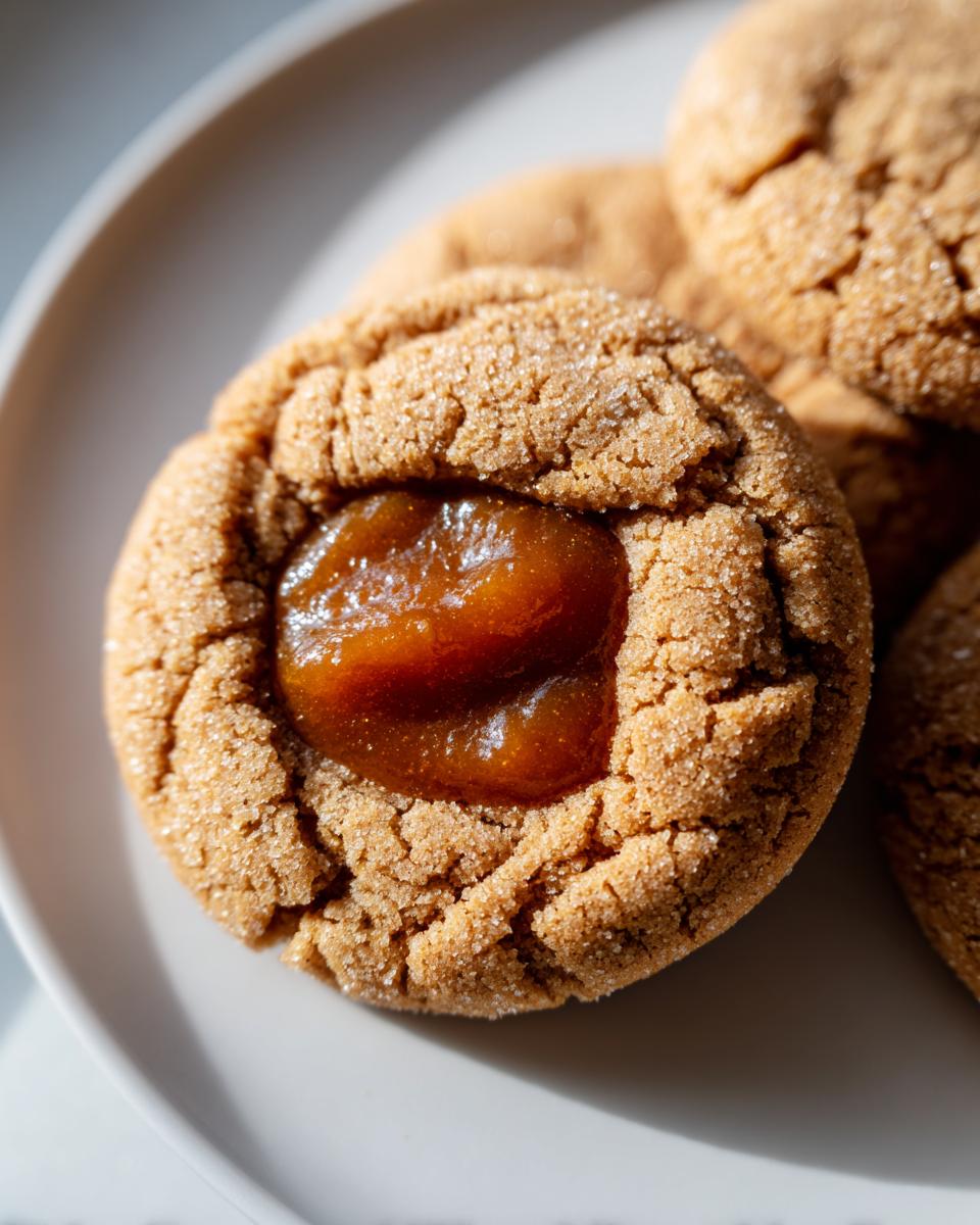Close-up of a single, sugar-coated apple pie cookies thumbprint filled with warm, gooey apple pie filling.