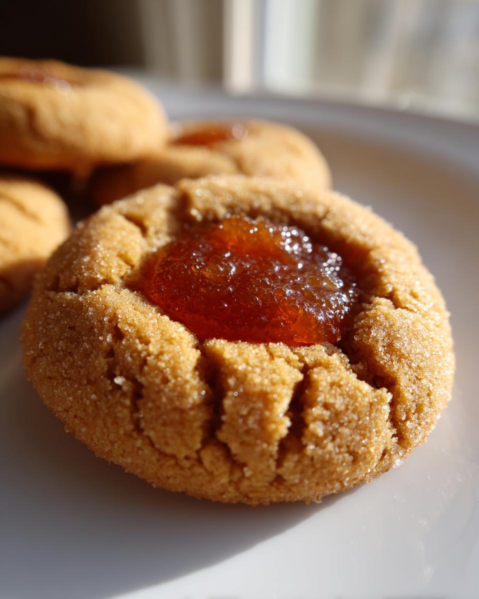 Close-up of a sugar-coated apple pie cookie with a dollop of amber-colored jam filling in the center.