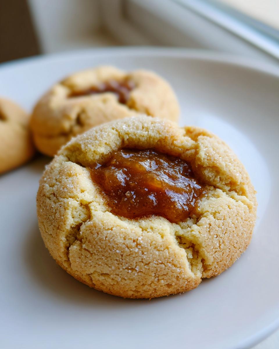 A close-up of a baked apple pie cookies thumbprint style, filled with spiced apple jam and coated in sugar.