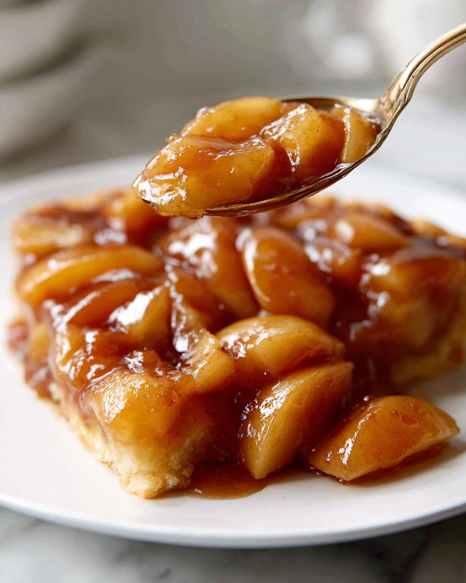 A spoonful of glistening, spiced apple pie filling recipe being lifted from a serving on a white plate.