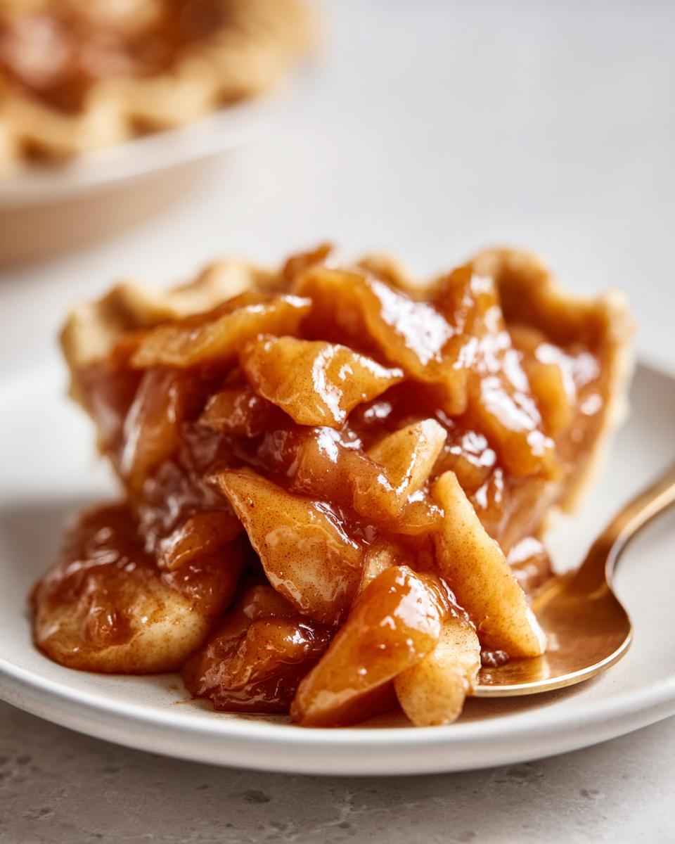 Close-up of glossy, spiced apple pie filling recipe served in a small tart shell with a gold spoon.