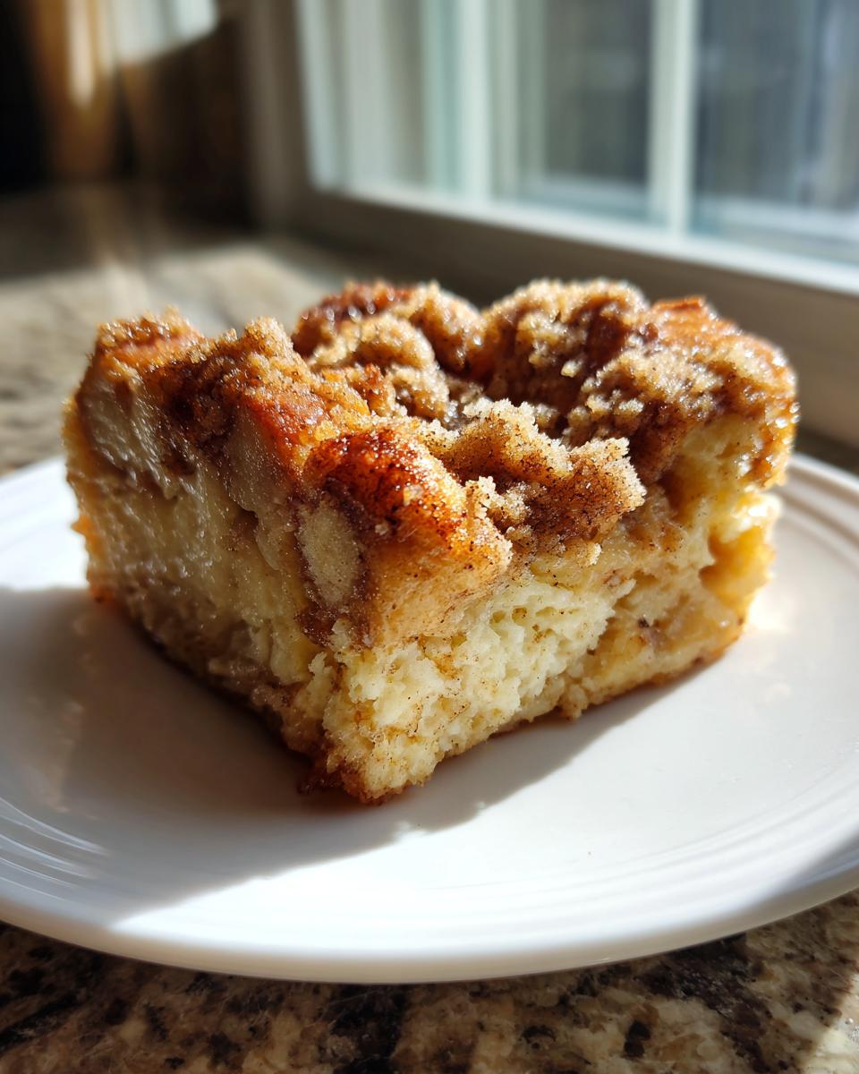 A close-up of a square slice of baked french toast with a cinnamon streusel topping on a white plate.