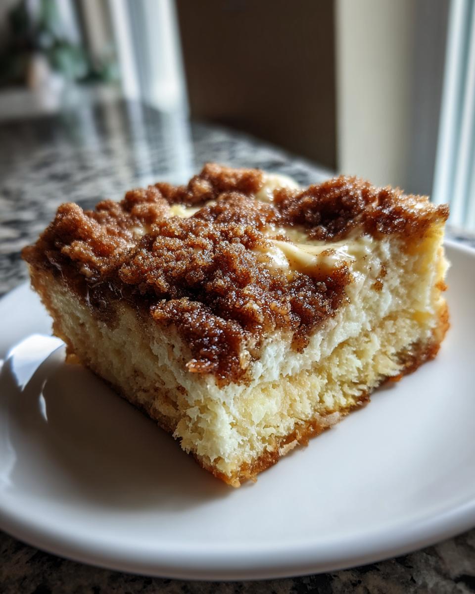 Close-up of a square slice of baked french toast with a thick, dark brown cinnamon streusel topping.