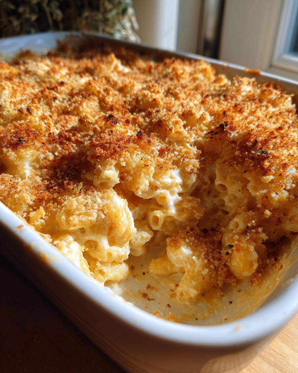 Close-up of a creamy baked dish, likely mac and cheese, featuring a golden, crispy breadcrumb topping in a white baking dish, highlighting the garlic parmesan flavor.