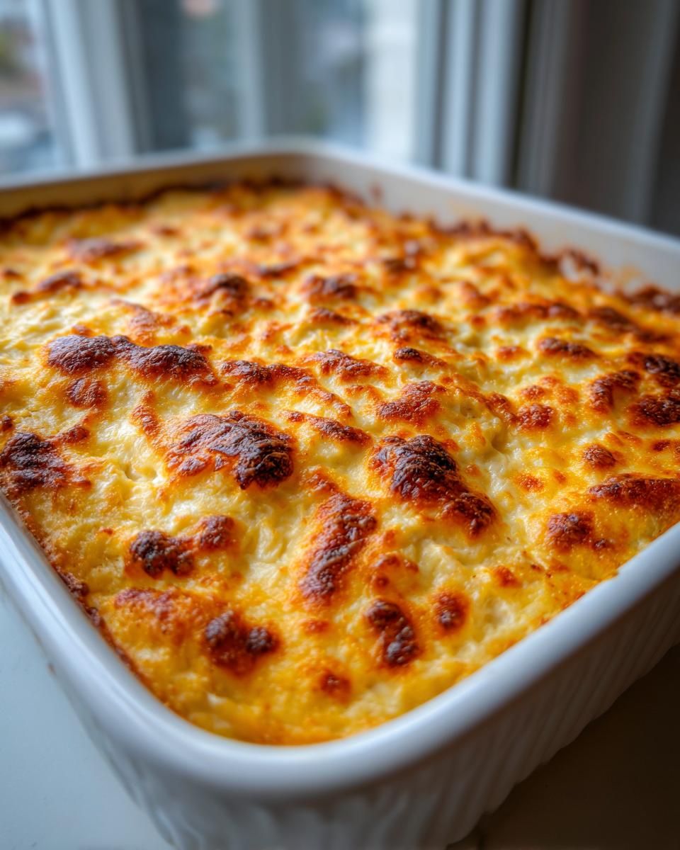 Close-up of a bubbly, golden-brown baked hot crab dip in a white rectangular baking dish.