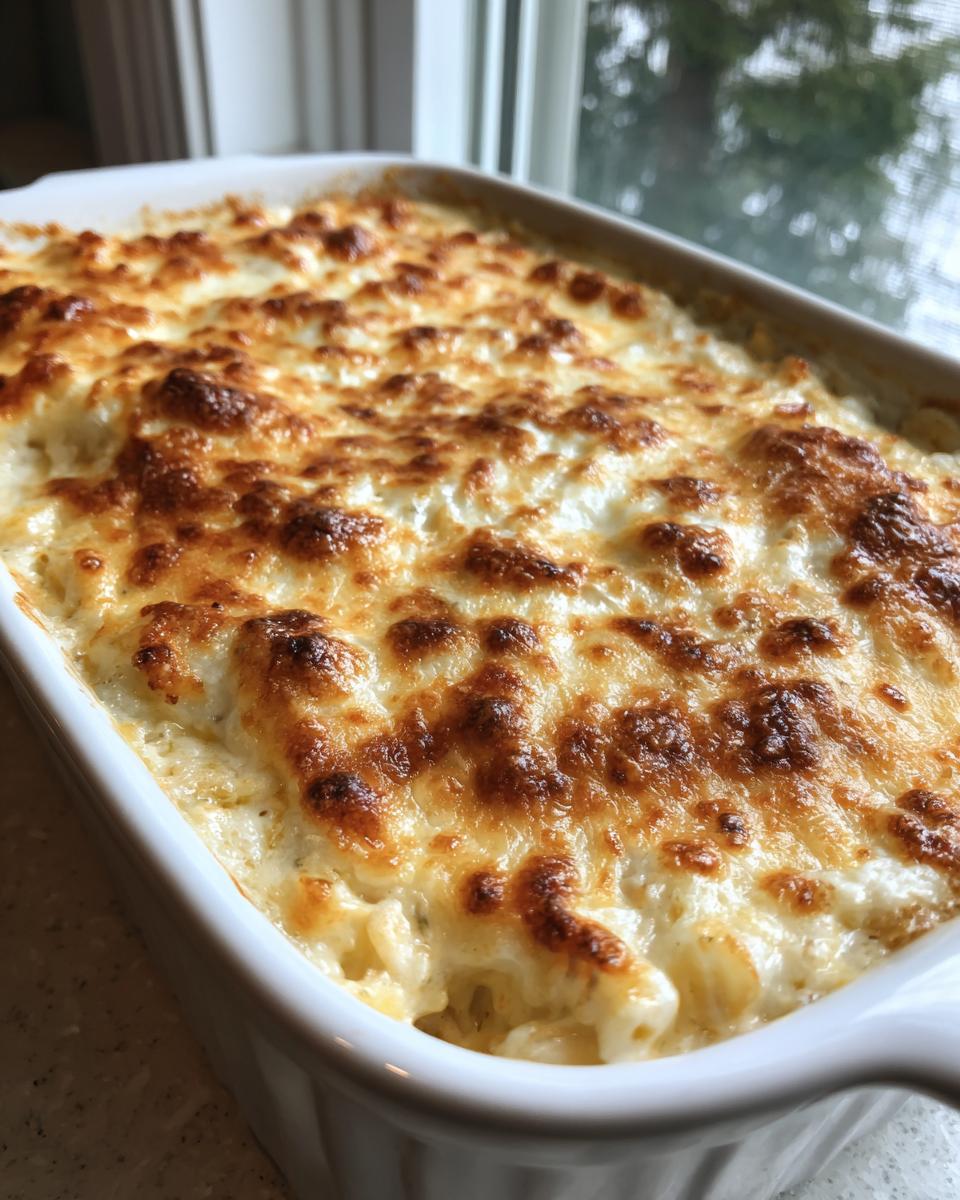 Close-up of a white baking dish filled with creamy hot crab dip, featuring a perfectly browned and bubbly cheese crust.
